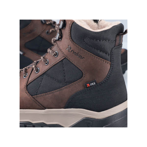 Rieker U1510-25 men's wide brown/black leather & textile water resistant lace up ankle boots, lifestyle view.
