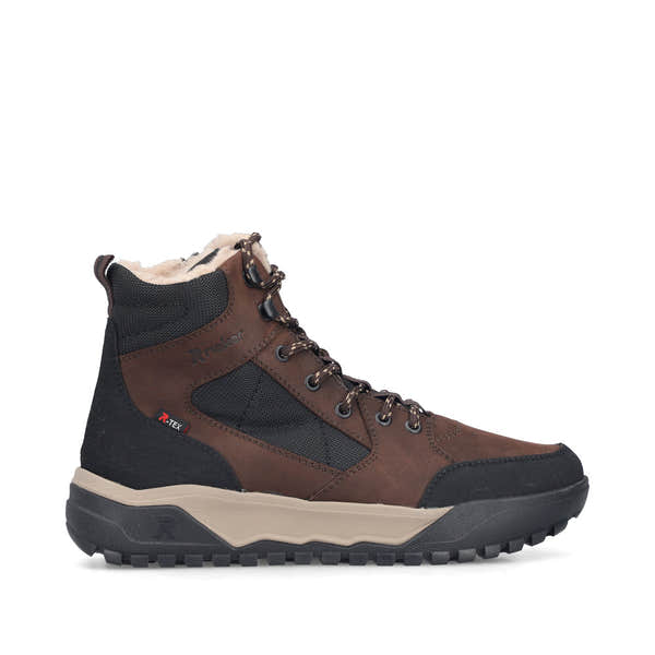 Rieker U1510-25 men's wide brown/black leather & textile water resistant lace up ankle boots, opposite side view.