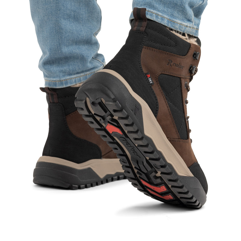 Rieker U1510-25 men's wide brown/black leather & textile water resistant lace up ankle boots, lifestyle view 3 of 4.