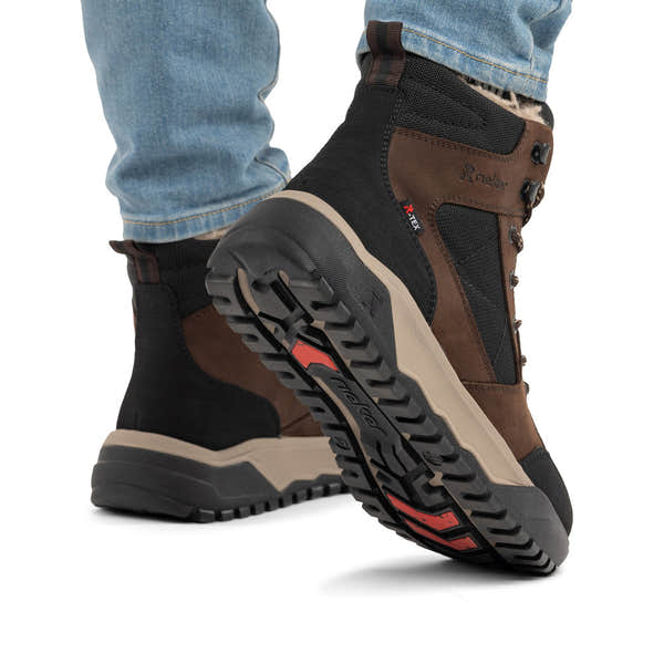 Rieker U1510-25 men's wide brown/black leather & textile water resistant lace up ankle boots, lifestyle view 4 of 4.