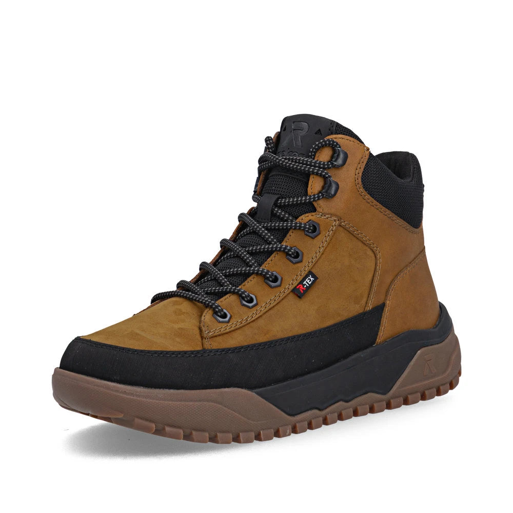 Rieker U1571-68 men's wheat brown combi water resistant lace up ankle boots, front three-quarter view.