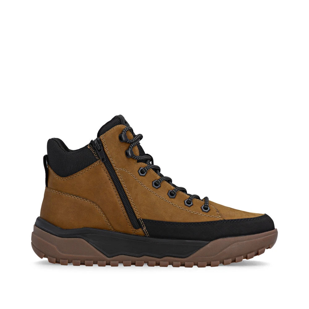 Rieker U1571-68 men's wheat brown combi water resistant lace up ankle boots, outer side view.