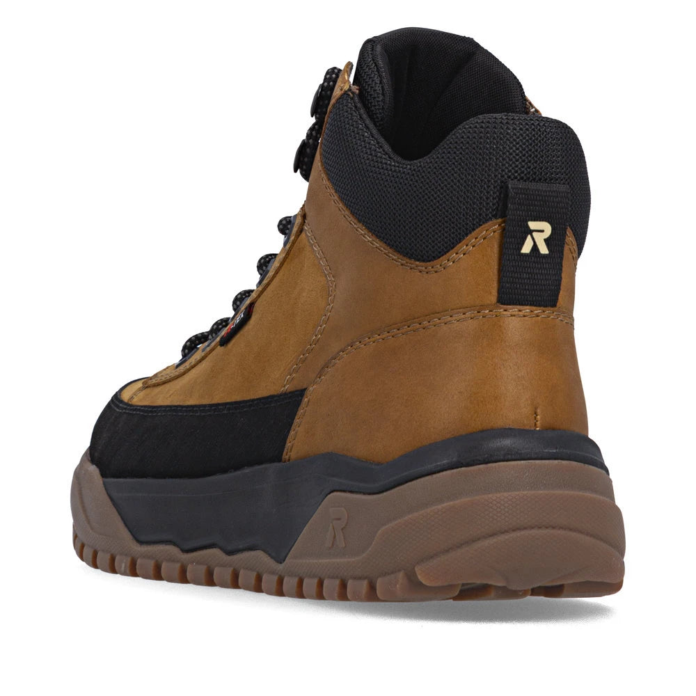 Rieker U1571-68 men's wheat brown combi water resistant lace up ankle boots, rear three-quarter view.