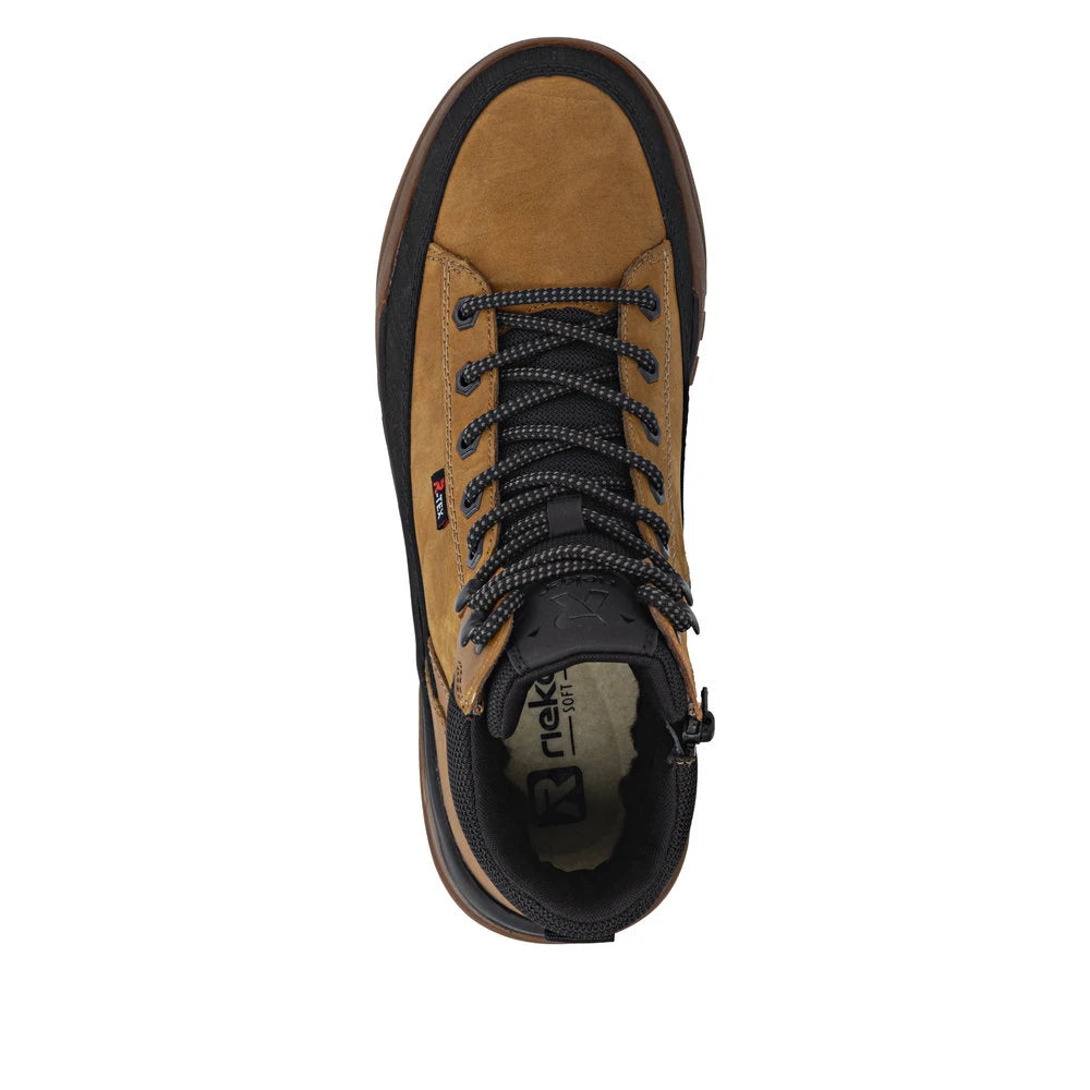 Rieker U1571-68 men's wheat brown combi water resistant lace up ankle boots, top view.