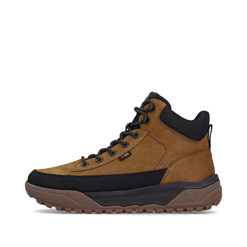Rieker U1571-68 men's wheat brown combi water resistant lace up ankle boots, inner side view.