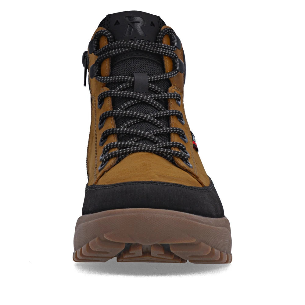 Rieker U1571-68 men's wheat brown combi water resistant lace up ankle boots, front view.