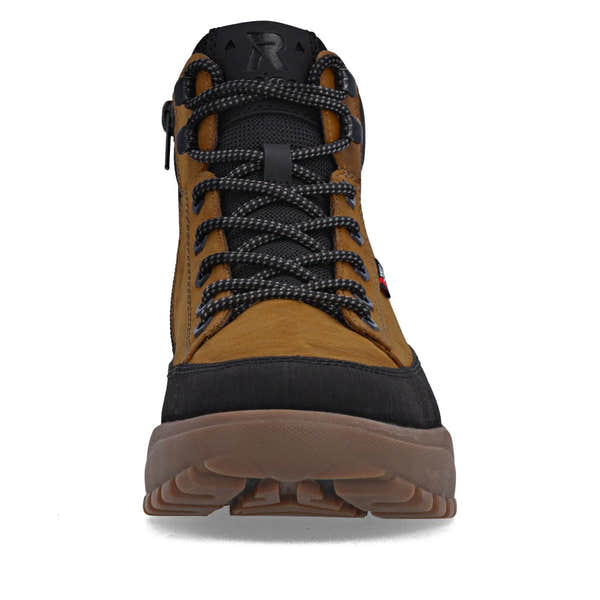 Rieker U1571-68 men's wheat brown combi water resistant lace up ankle boots, front view.