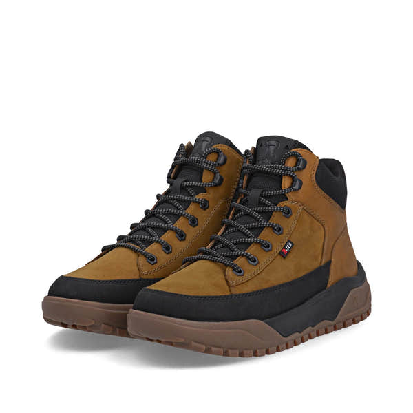 Rieker U1571-68 men's wheat brown combi water resistant lace up ankle boots, paired three-quarter view.