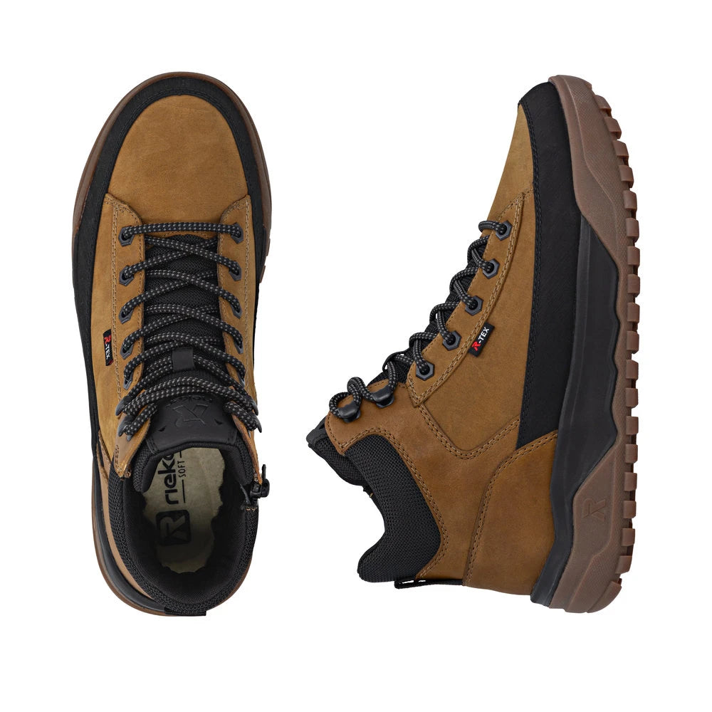 Rieker U1571-68 men's wheat brown combi water resistant lace up ankle boots, two-angle product view.