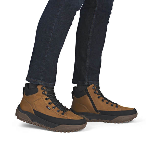 Rieker U1571-68 men's wheat brown combi water resistant lace up ankle boots, on-foot lifestyle view.