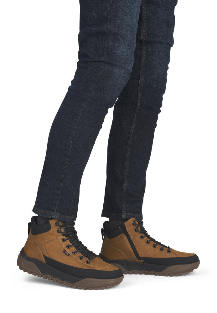 Rieker U1571-68 men's wheat brown combi water resistant lace up ankle boots, on-foot lifestyle view.