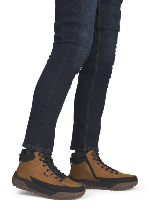 Rieker U1571-68 men's wheat brown combi water resistant lace up ankle boots, on-foot lifestyle view.
