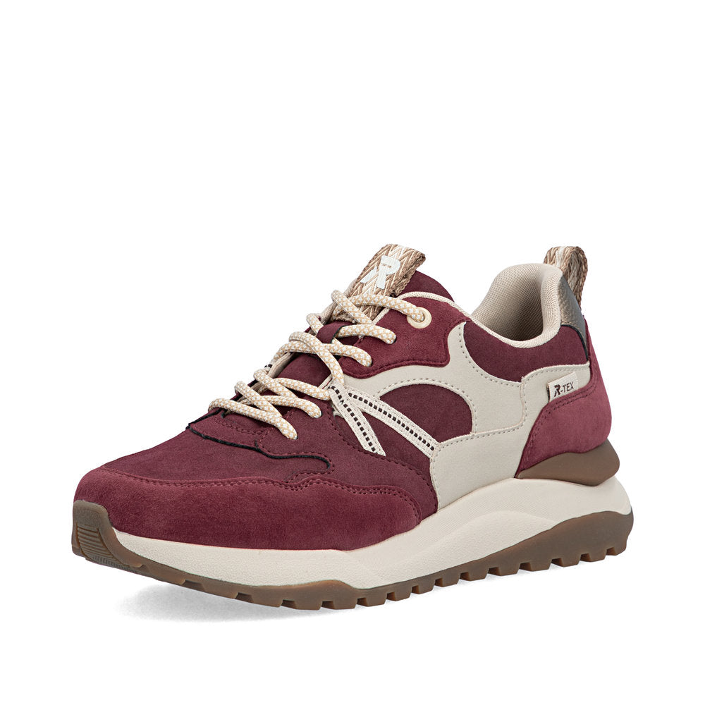 Rieker W2501-35 women's bordeaux leather water resistant lace up trainers, front three-quarter view.