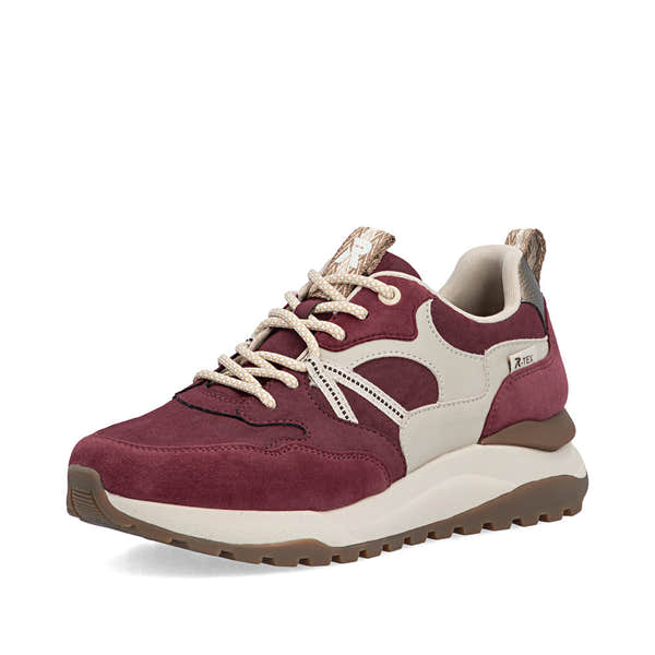 Rieker W2501-35 women's bordeaux leather water resistant lace up trainers, front three-quarter view.