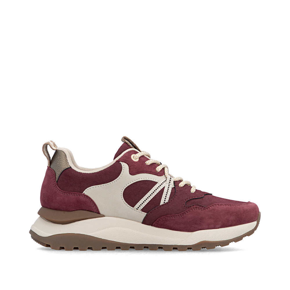Rieker W2501-35 women's bordeaux leather water resistant lace up trainers, outer side view.