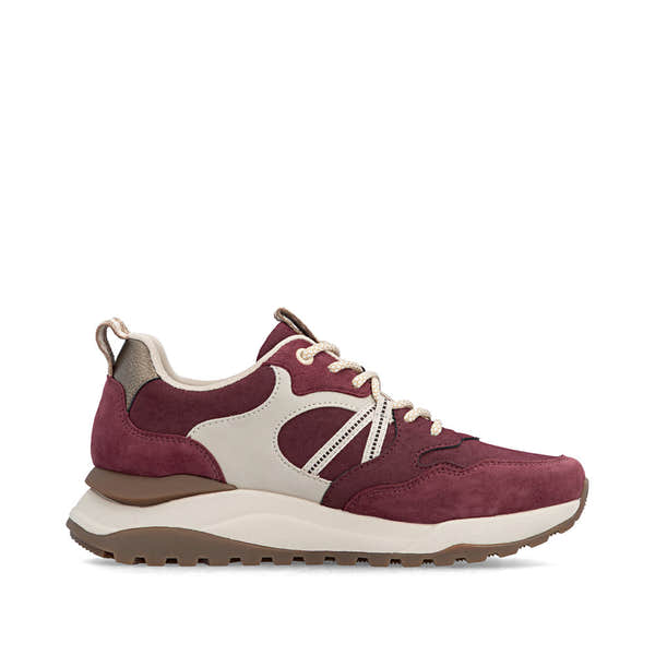 Rieker W2501-35 women's bordeaux leather water resistant lace up trainers, outer side view.