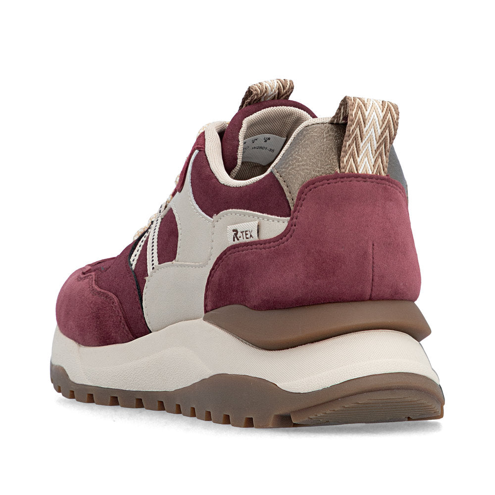 Rieker W2501-35 women's bordeaux leather water resistant lace up trainers, rear three-quarter view.