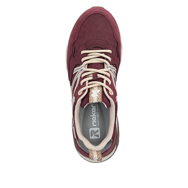 Rieker W2501-35 women's bordeaux leather water resistant lace up trainers, top view.
