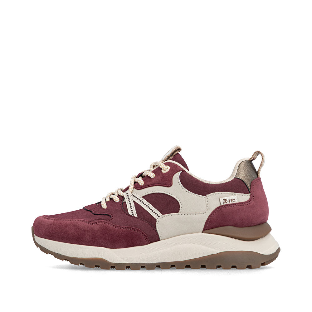 Rieker W2501-35 women's bordeaux leather water resistant lace up trainers, inner side view.