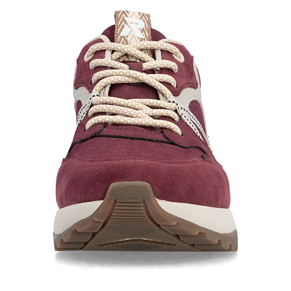 Rieker W2501-35 women's bordeaux leather water resistant lace up trainers, front view.