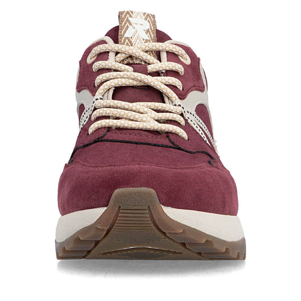 Rieker W2501-35 women's bordeaux leather water resistant lace up trainers, front view.