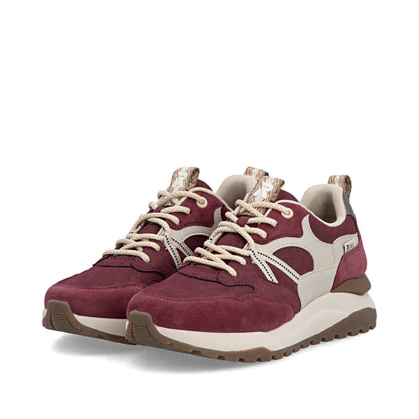 Rieker W2501-35 women's bordeaux leather water resistant lace up trainers, paired three-quarter view.
