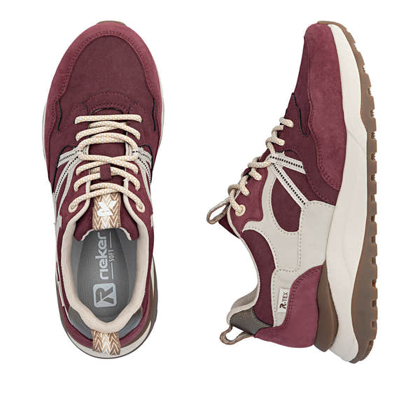 Rieker W2501-35 women's bordeaux leather water resistant lace up trainers, two-angle product view.