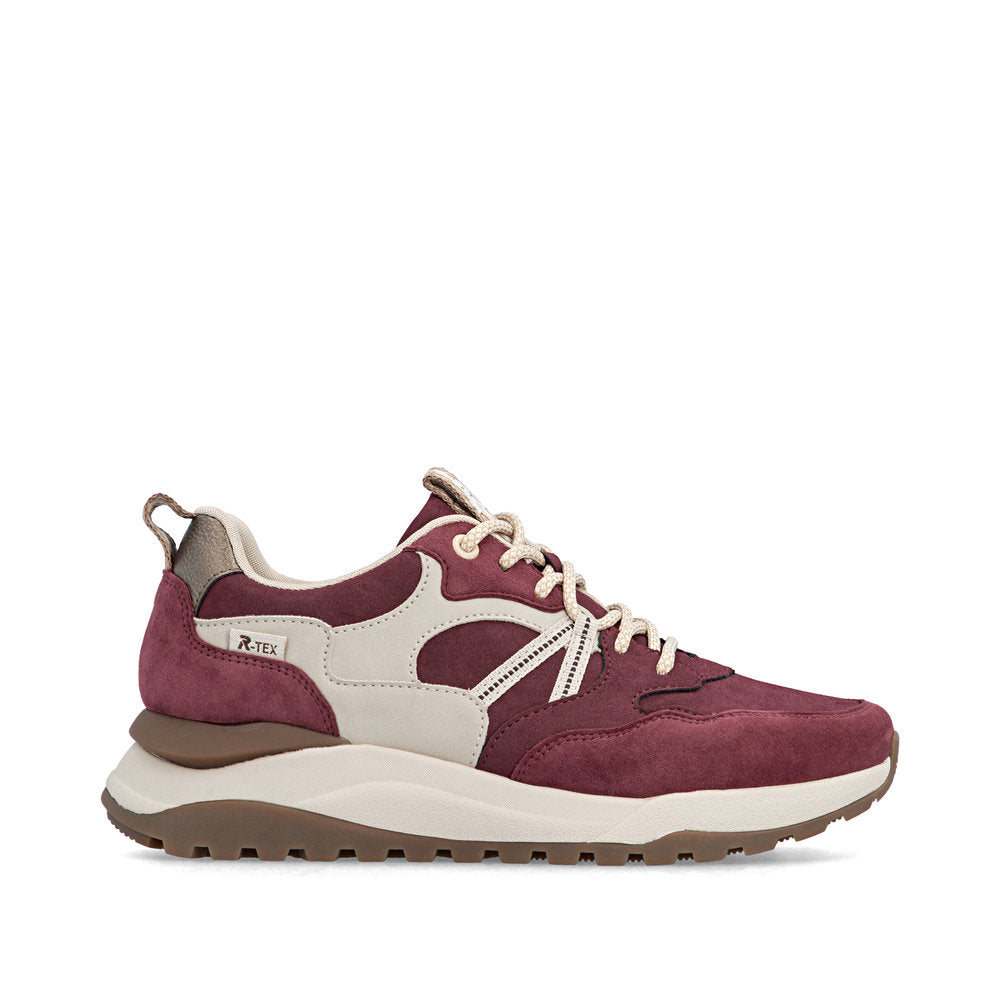 Rieker W2501-35 women's bordeaux leather water resistant lace up trainers, opposite side view.