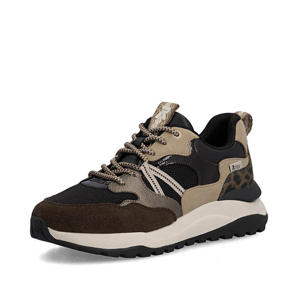 Rieker W2501-90 women's multi leather water resistant lace up trainers, front three-quarter view.