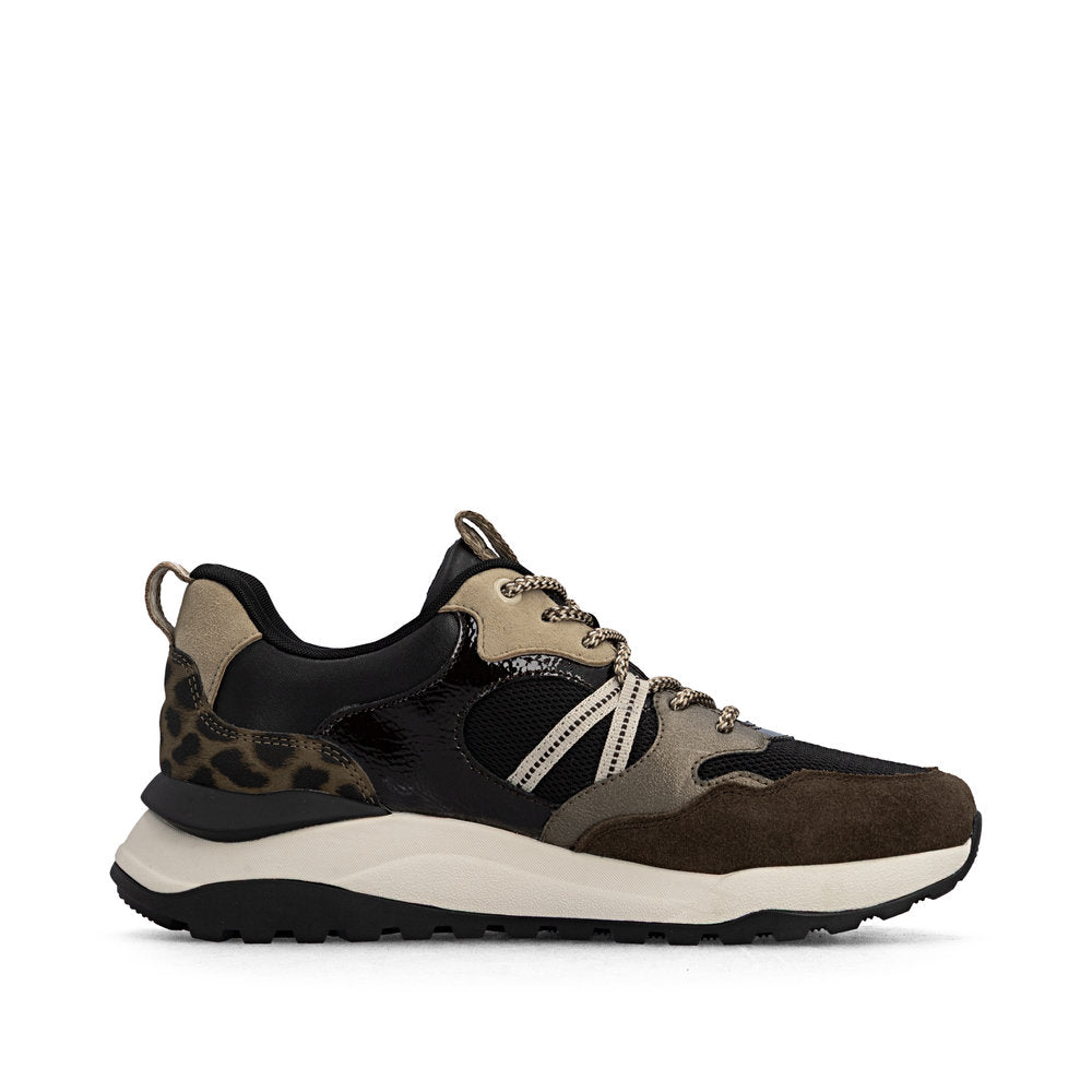 Rieker W2501-90 women's multi leather water resistant lace up trainers, outer side view.