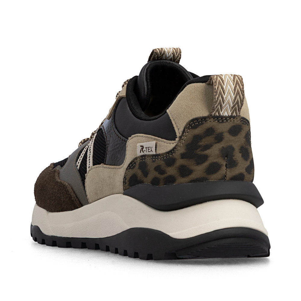 Rieker W2501-90 women's multi leather water resistant lace up trainers, rear three-quarter view.