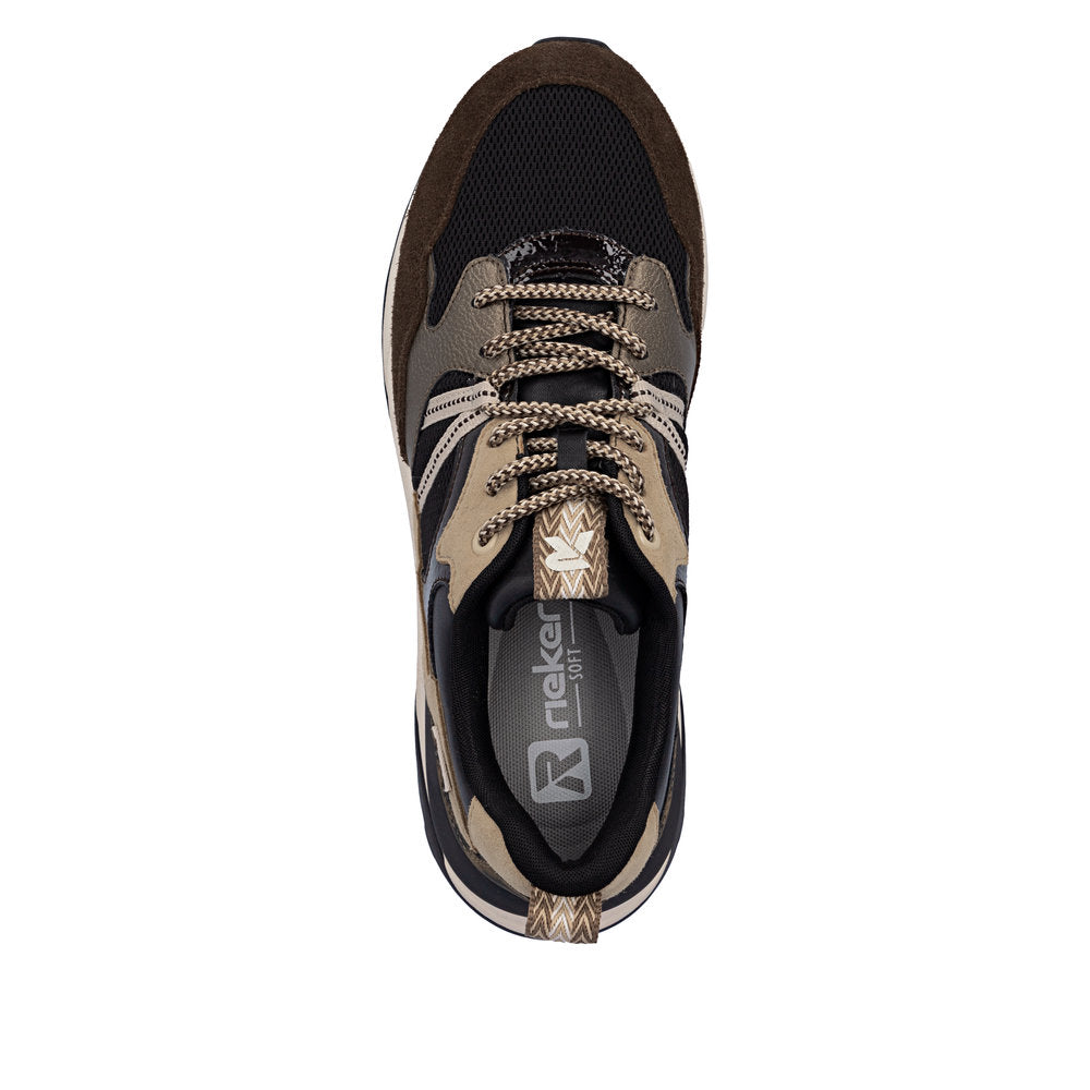 Rieker W2501-90 women's multi leather water resistant lace up trainers, top view.