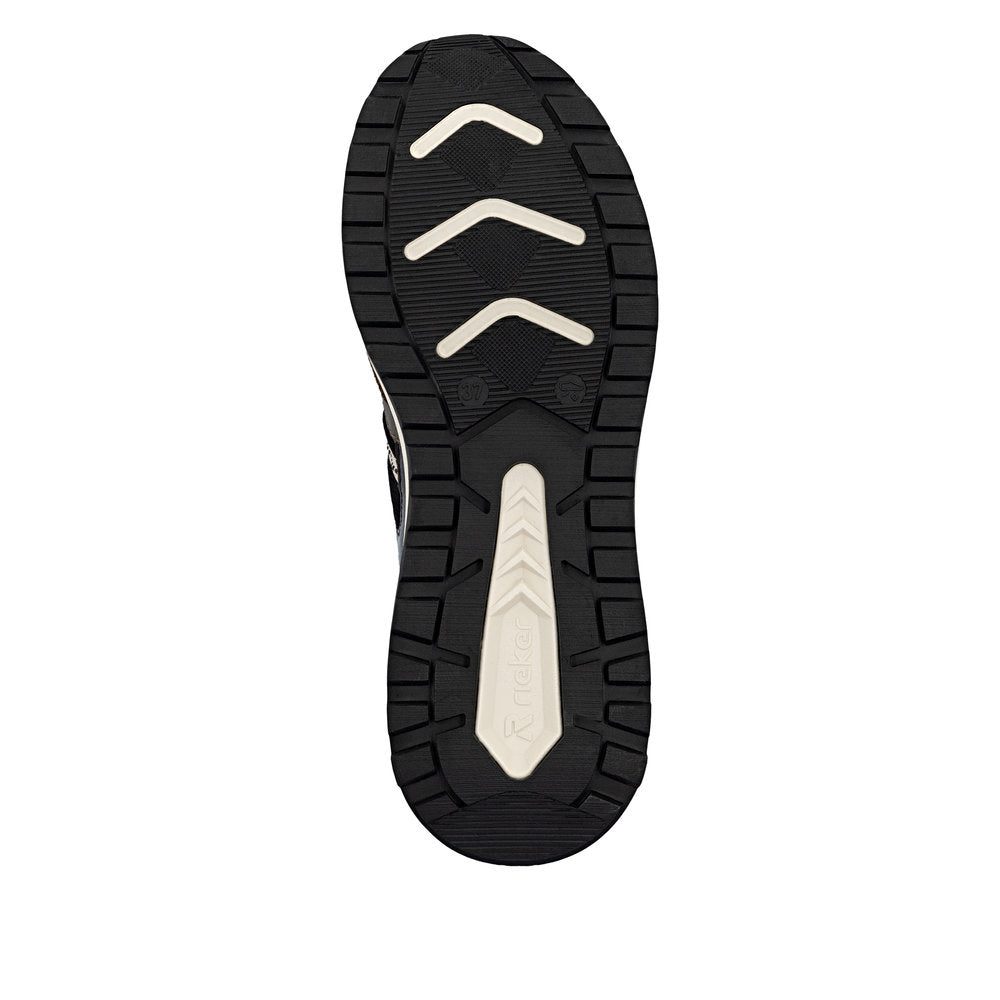 Rieker W2501-90 women's multi leather water resistant lace up trainers, sole and tread view.
