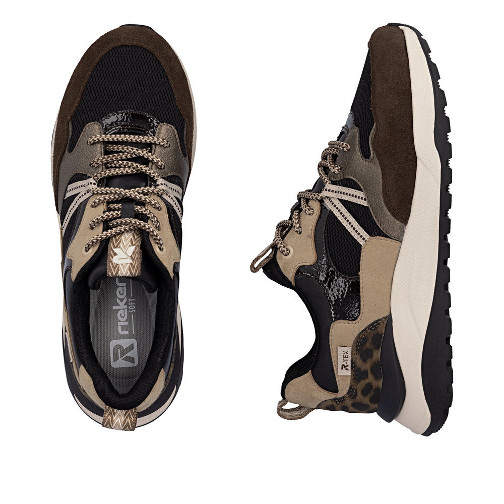 Rieker W2501-90 women's multi leather water resistant lace up trainers, two-angle product view.