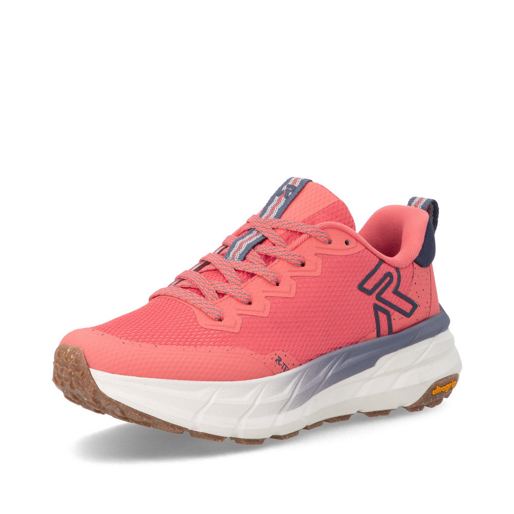 Rieker W4501-33 women's coral textile water resistant lace up trainers, front three-quarter view.