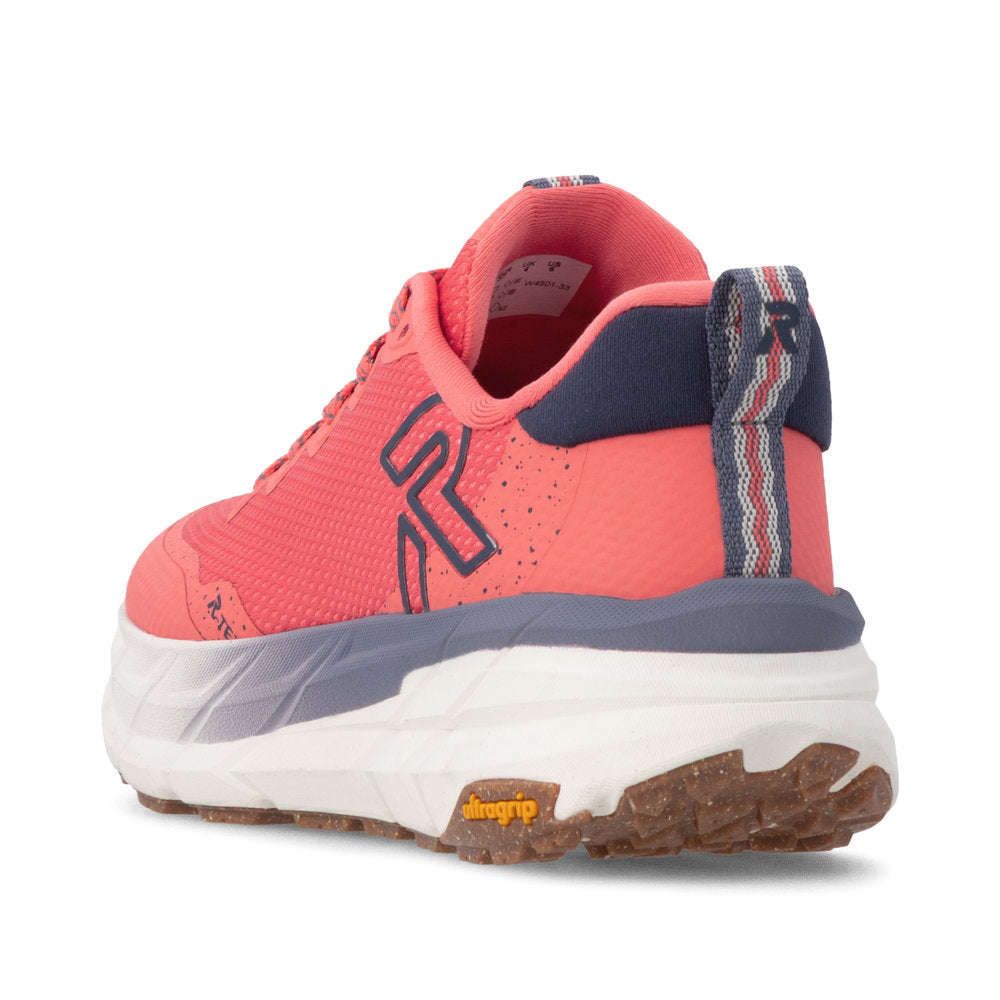 Rieker W4501-33 women's coral textile water resistant lace up trainers, rear three-quarter view.