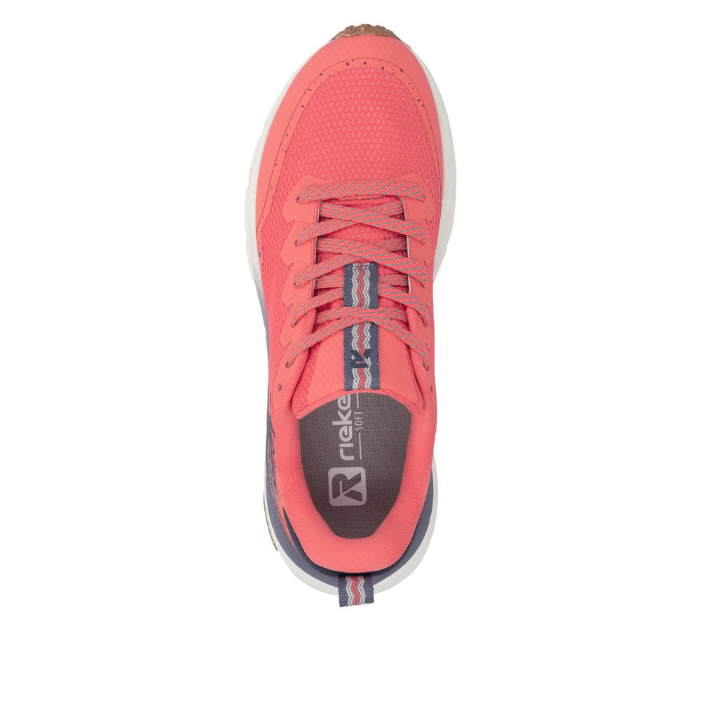 Rieker W4501-33 women's coral textile water resistant lace up trainers, top view.