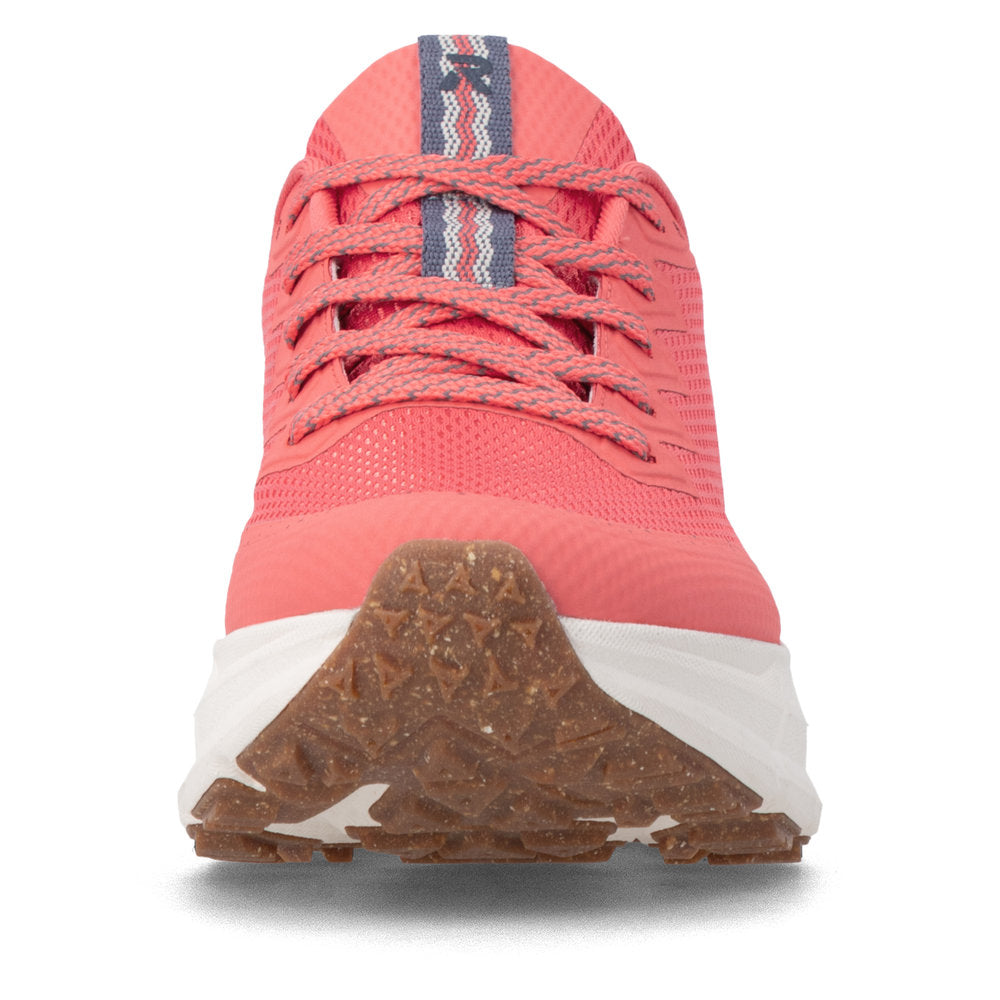 Rieker W4501-33 women's coral textile water resistant lace up trainers, front view.