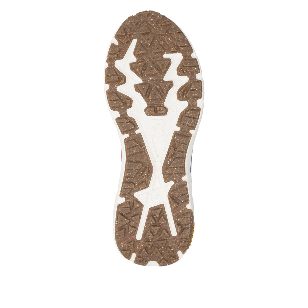 Rieker W4501-33 women's coral textile water resistant lace up trainers, sole and tread view.