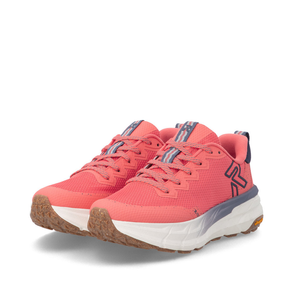 Rieker W4501-33 women's coral textile water resistant lace up trainers, paired three-quarter view.