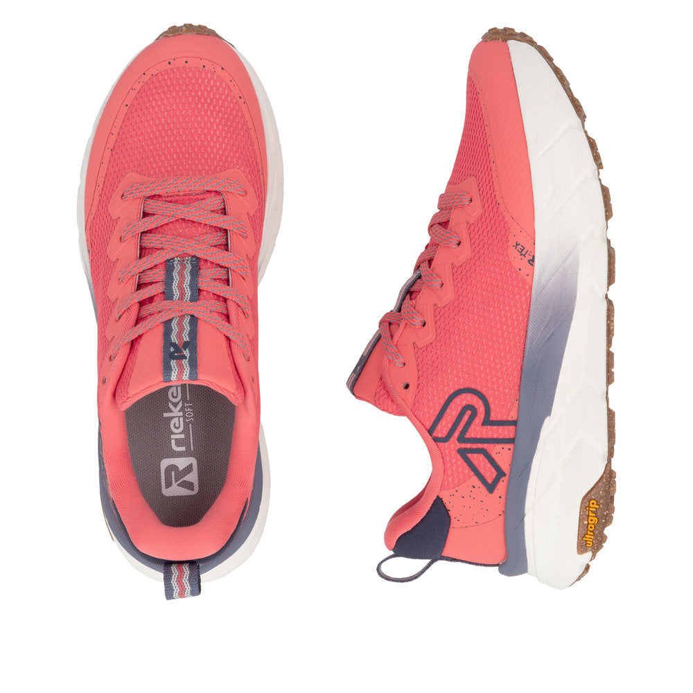 Rieker W4501-33 women's coral textile water resistant lace up trainers, two-angle product view.