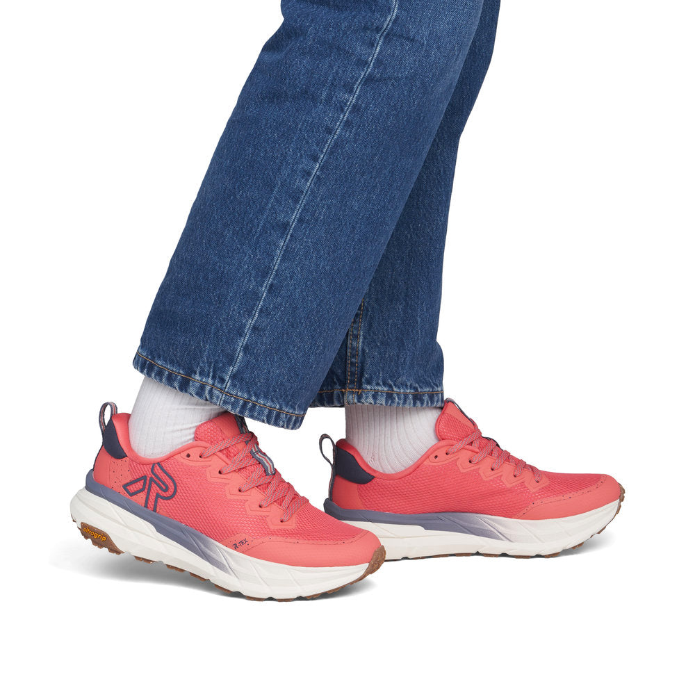 Rieker W4501-33 women's coral textile water resistant lace up trainers, on-foot lifestyle view.