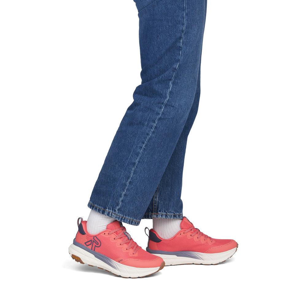 Rieker W4501-33 women's coral textile water resistant lace up trainers, on-foot lifestyle view.