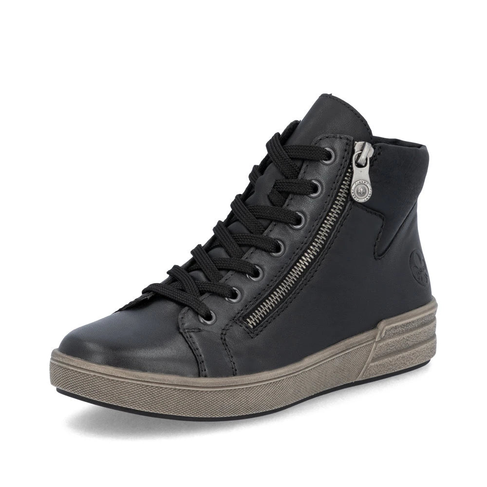 Rieker X0709-01 women's black leather zip & lace ankle boots, front three-quarter view.