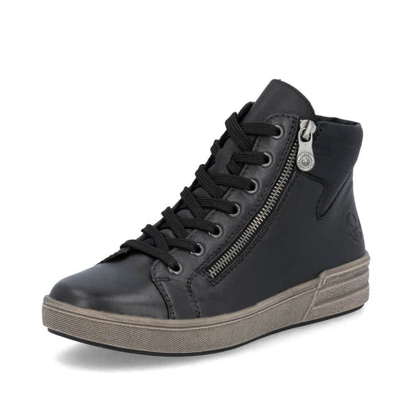 Rieker X0709-01 women's black leather zip & lace ankle boots, front three-quarter view.