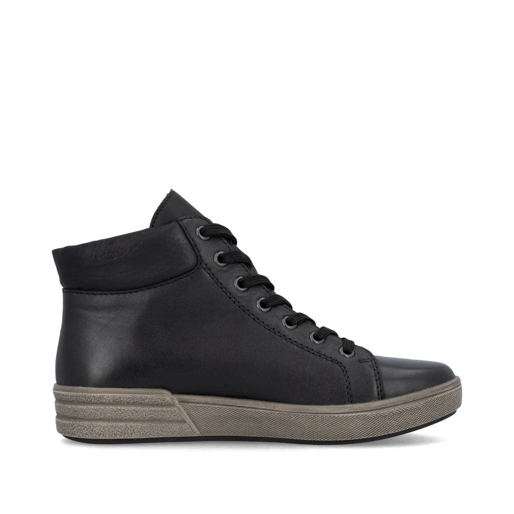 Rieker X0709-01 women's black leather zip & lace ankle boots, outer side view.