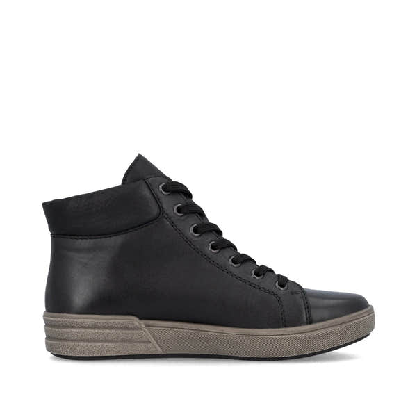 Rieker X0709-01 women's black leather zip & lace ankle boots, outer side view.