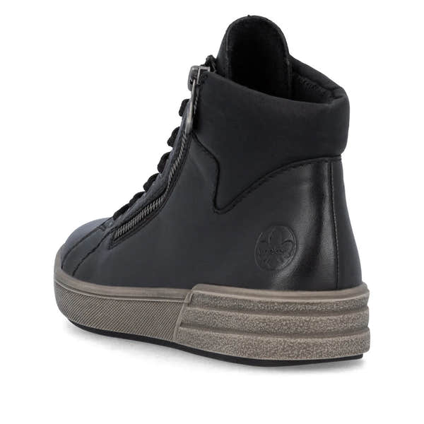 Rieker X0709-01 women's black leather zip & lace ankle boots, rear three-quarter view.