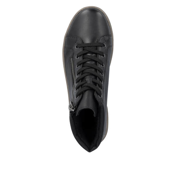 Rieker X0709-01 women's black leather zip & lace ankle boots, top view.