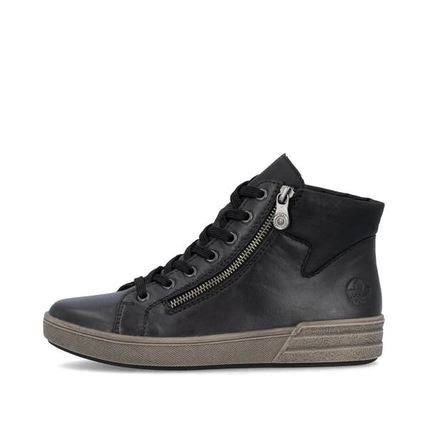 Rieker X0709-01 women's black leather zip & lace ankle boots, inner side view.